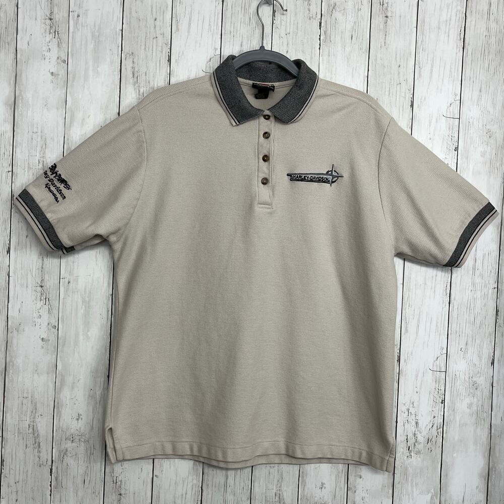 Nassau Bahamas Harley Davidson Waffle Knit Polo M Tan Thermal Biker Shirt